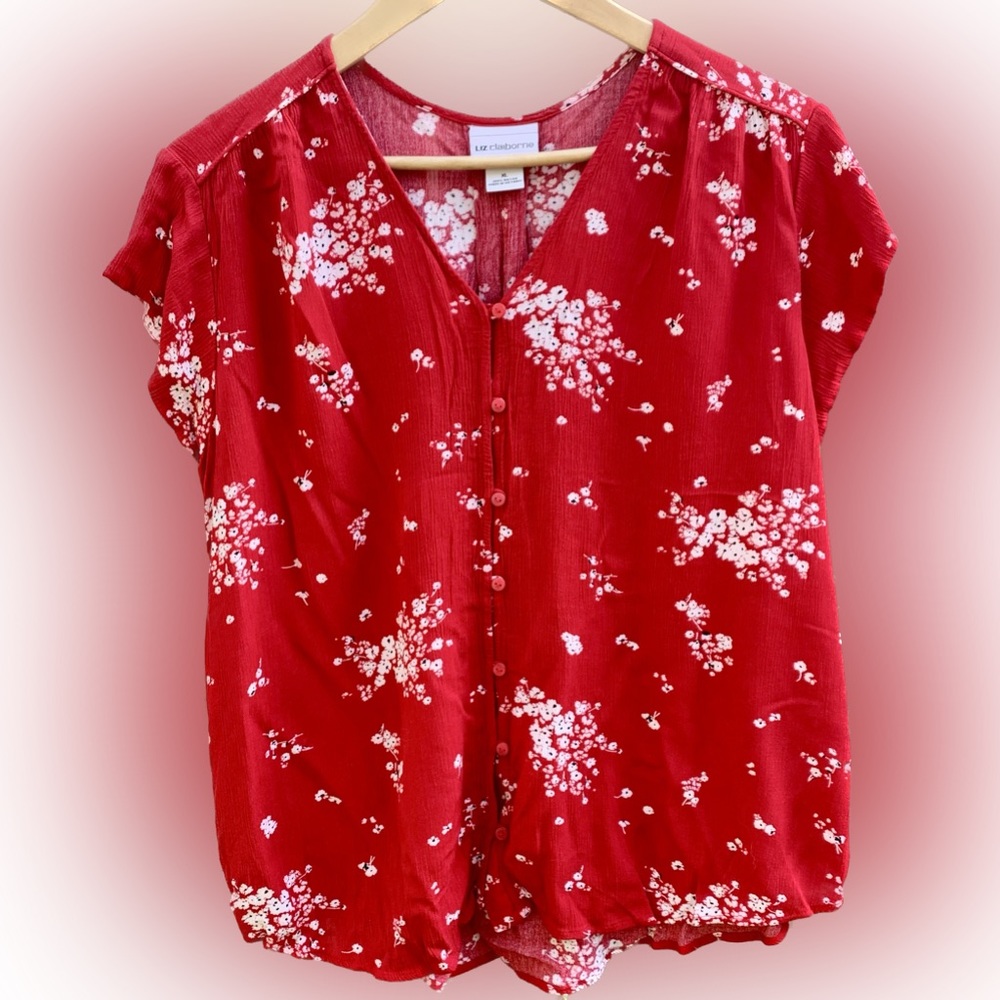 Red Floral Button-front Top- Liz Clairborne
